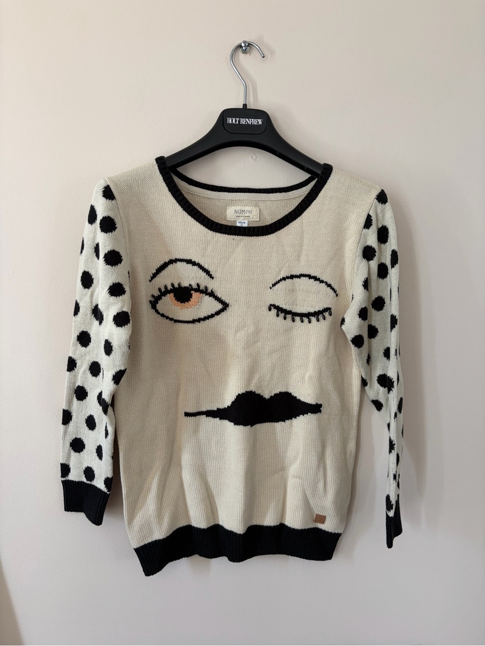 Numph- Whimsical Face Knit Sweater in Cream and Black Size Small